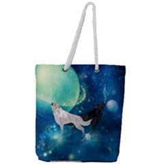 Awesome Black And White Wolf In The Universe Full Print Rope Handle Tote (large) by FantasyWorld7