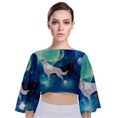 Awesome Black And White Wolf In The Universe Tie Back Butterfly Sleeve Chiffon Top