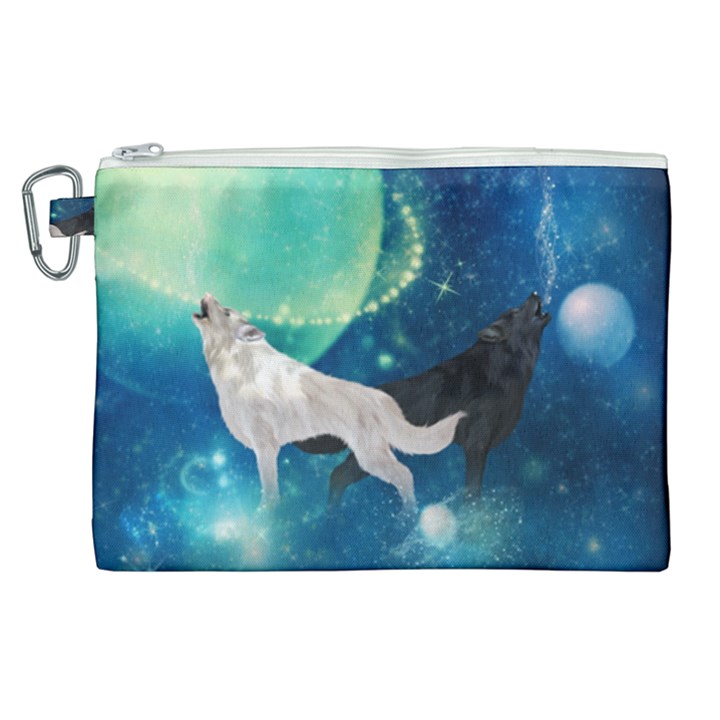 Awesome Black And White Wolf In The Universe Canvas Cosmetic Bag (XL)