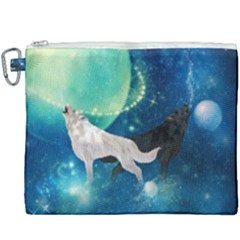 Awesome Black And White Wolf In The Universe Canvas Cosmetic Bag (xxxl) by FantasyWorld7