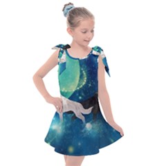 Awesome Black And White Wolf In The Universe Kids  Tie Up Tunic Dress by FantasyWorld7