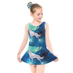 Awesome Black And White Wolf In The Universe Kids  Skater Dress Swimsuit by FantasyWorld7