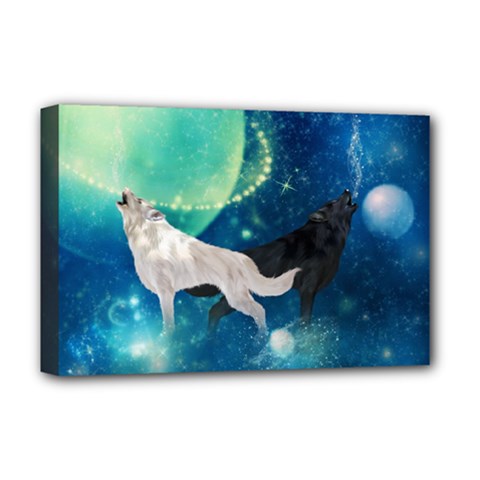 Awesome Black And White Wolf In The Universe Deluxe Canvas 18  X 12  (stretched) by FantasyWorld7