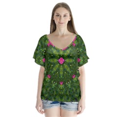 The Most Sacred Lotus Pond  With Bloom    Mandala V-neck Flutter Sleeve Top by pepitasart