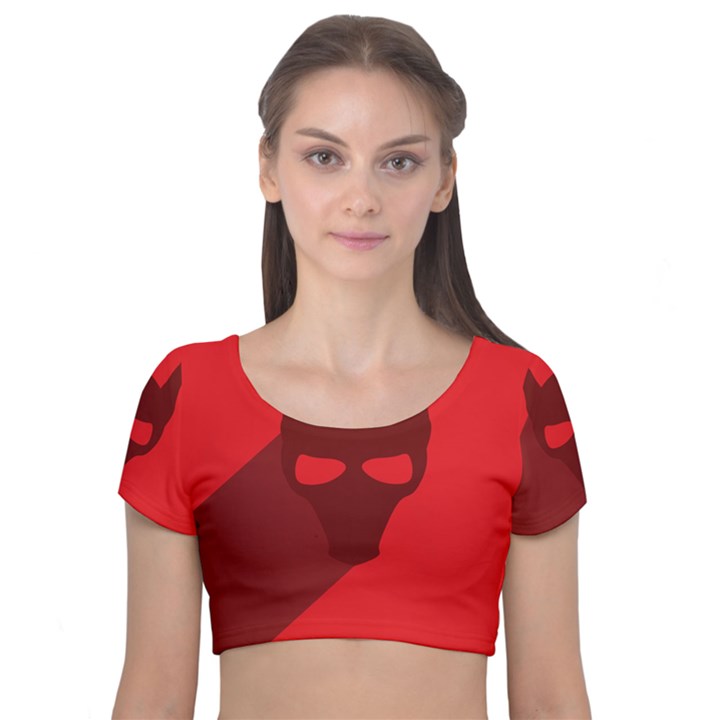 Skull Alien Species Red Character Velvet Short Sleeve Crop Top 