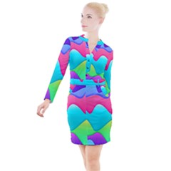 Lines Curves Colors Geometric Lines Button Long Sleeve Dress