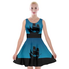 Ship Night Sailing Water Sea Sky Velvet Skater Dress by Nexatart