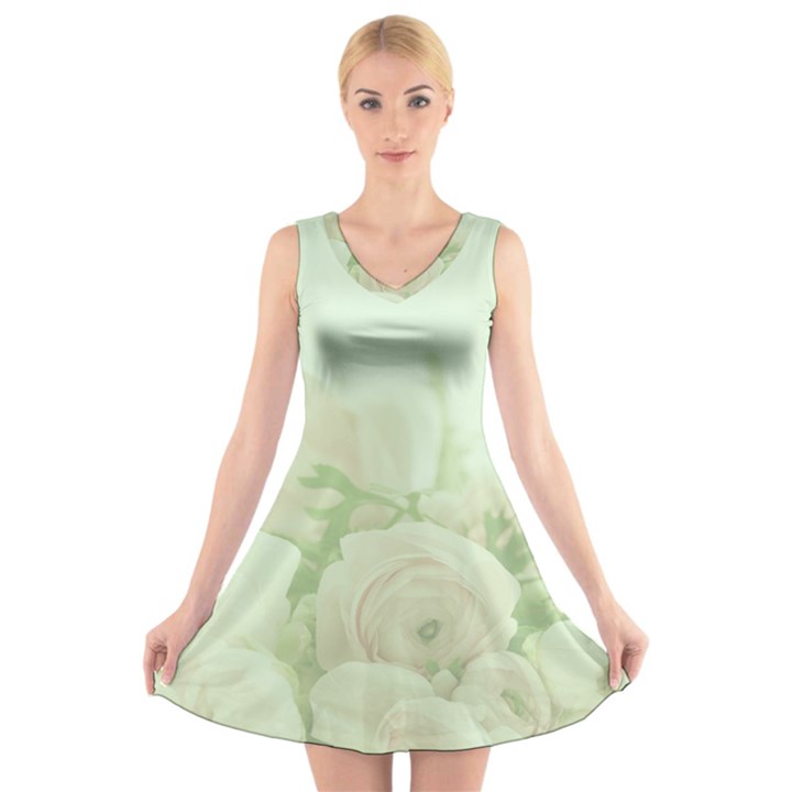 Pastel Roses Background Romantic V-Neck Sleeveless Dress