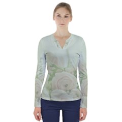 Pastel Roses Background Romantic V-neck Long Sleeve Top by Nexatart