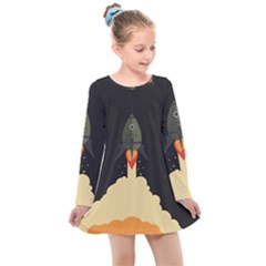 Rocket Space Stars Kids  Long Sleeve Dress