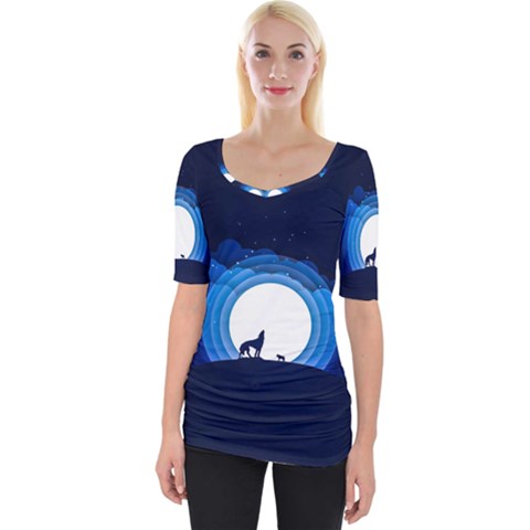 Month Full Moon Wolf Night Wide Neckline Tee by Nexatart