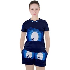 Month Full Moon Wolf Night Women s Tee And Shorts Set