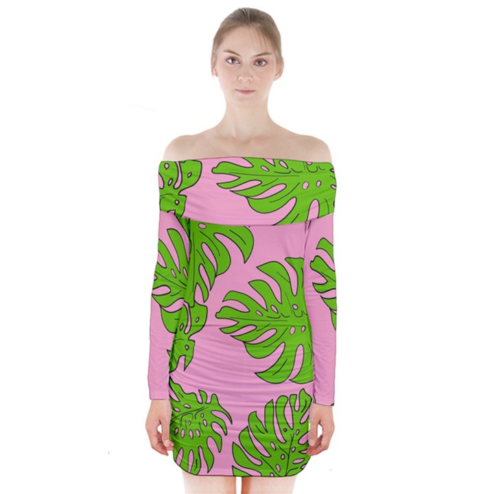 Leaves Tropical Plant Green Garden Long Sleeve Off Shoulder Dress