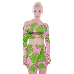 Leaves Tropical Plant Green Garden Off Shoulder Top With Mini Skirt Set by Nexatart