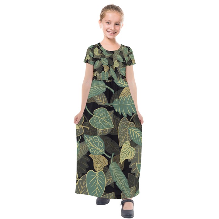 Autumn Fallen Leaves Dried Leaves Kids  Short Sleeve Maxi Dress