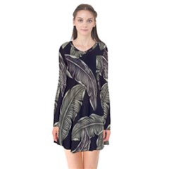 Jungle Leaves Tropical Pattern Long Sleeve V-neck Flare Dress by Nexatart