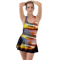 Sunset Mountain Indonesia Adventure Ruffle Top Dress Swimsuit by Nexatart