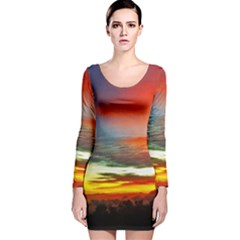 Sunset Mountain Indonesia Adventure Long Sleeve Velvet Bodycon Dress by Nexatart