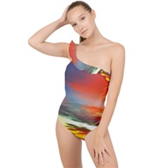 Sunset Mountain Indonesia Adventure Frilly One Shoulder Swimsuit by Nexatart