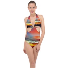 Sunset Mountain Indonesia Adventure Halter Front Plunge Swimsuit by Nexatart