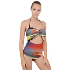 Sunset Mountain Indonesia Adventure Scallop Top Cut Out Swimsuit by Nexatart