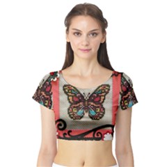 Cross Stitch Butterfly Short Sleeve Crop Top by DeneWestUK