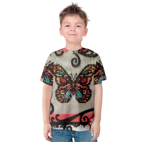 Cross Stitch Butterfly Kids  Cotton Tee by DeneWestUK