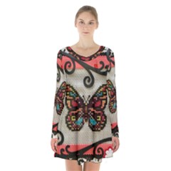 Cross Stitch Butterfly Long Sleeve Velvet V-neck Dress by DeneWestUK