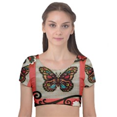 Cross Stitch Butterfly Velvet Short Sleeve Crop Top  by DeneWestUK