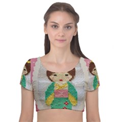 Cross Stitch Kimono Velvet Short Sleeve Crop Top  by DeneWestUK