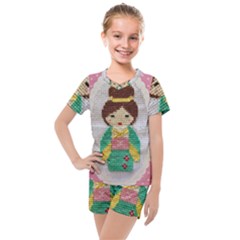 Cross Stitch Kimono Kids  Mesh Tee And Shorts Set