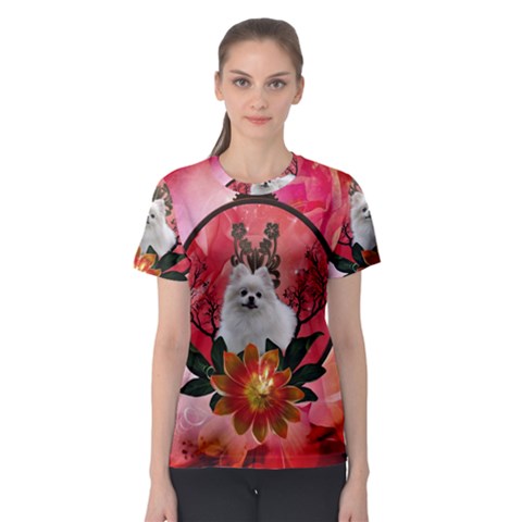 Cute Pemeranian With Flowers Women s Sport Mesh Tee by FantasyWorld7