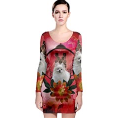 Cute Pemeranian With Flowers Long Sleeve Bodycon Dress by FantasyWorld7