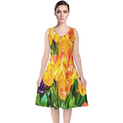 Festival Of Tulip Flowers V-neck Midi Sleeveless Dress  by FunnyCow