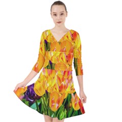 Festival Of Tulip Flowers Quarter Sleeve Front Wrap Dress by FunnyCow