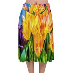 Festival Of Tulip Flowers Velvet Flared Midi Skirt by FunnyCow