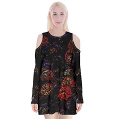 Floral Fireworks Velvet Long Sleeve Shoulder Cutout Dress by FunnyCow