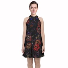 Floral Fireworks Velvet Halter Neckline Dress  by FunnyCow