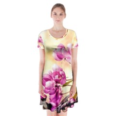 Paradise Apple Blossoms Short Sleeve V-neck Flare Dress by FunnyCow