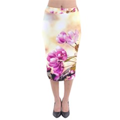 Paradise Apple Blossoms Velvet Midi Pencil Skirt by FunnyCow