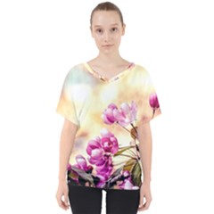 Paradise Apple Blossoms V-neck Dolman Drape Top by FunnyCow