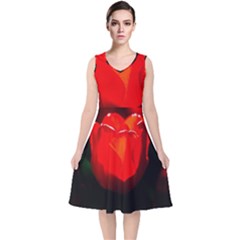 Red Tulip A Bowl Of Fire V-neck Midi Sleeveless Dress  by FunnyCow