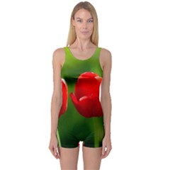 Three Red Tulips, Green Background One Piece Boyleg Swimsuit by FunnyCow