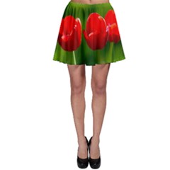 Three Red Tulips, Green Background Skater Skirt by FunnyCow