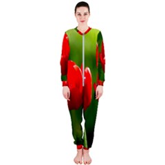 Three Red Tulips, Green Background Onepiece Jumpsuit (ladies)  by FunnyCow