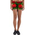 Three Red Tulips, Green Background Yoga Shorts View1