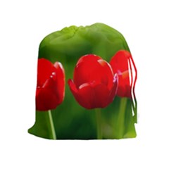 Three Red Tulips, Green Background Drawstring Pouch (xl) by FunnyCow