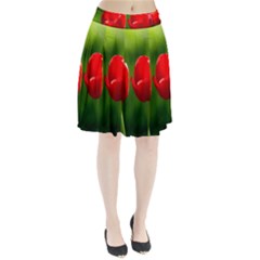 Three Red Tulips, Green Background Pleated Skirt by FunnyCow