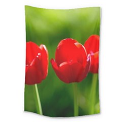 Three Red Tulips, Green Background Large Tapestry by FunnyCow