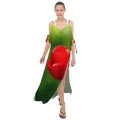 Three Red Tulips, Green Background Maxi Chiffon Cover Up Dress by FunnyCow